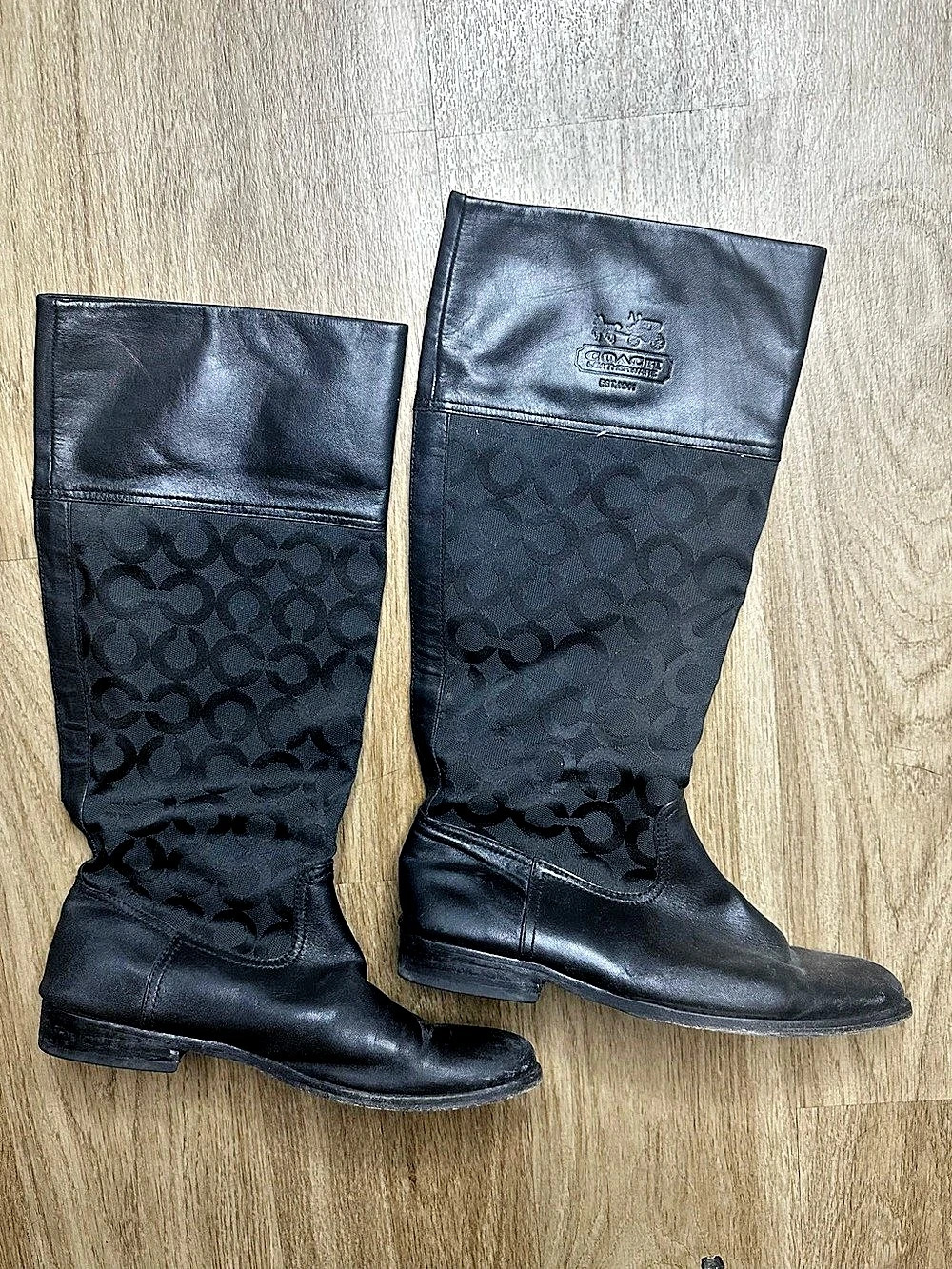 Coach Chrissi Signature Jacquard Knee High Boots Black Leather Flat 7.5 B F2070!